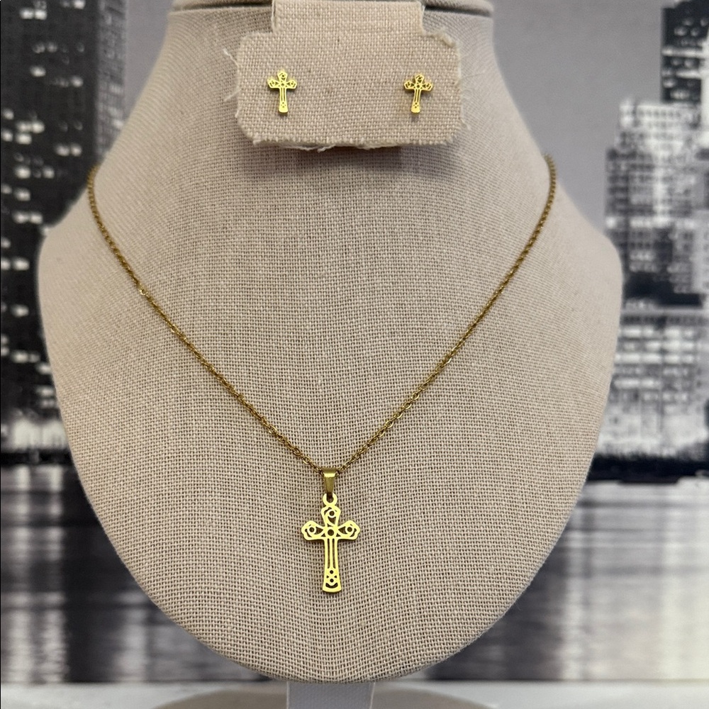 Stainless Steele Gold Cross Necklace and Earring Set
